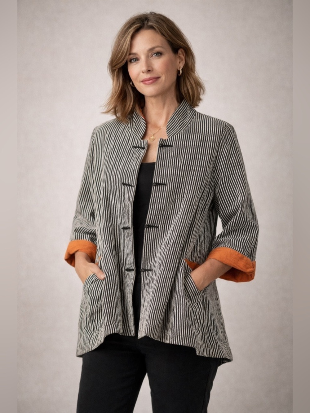 Moonlight - Button Front Mandarin Collar Asian Theme Women's Fashion Jacket Sz M